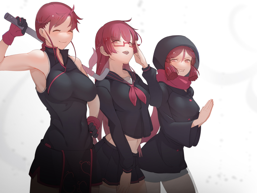 3girls, absurdres, adjusting_eyewear, at2., black_serafuku, braid, breasts, china_dress, chinese_clothes, commentary_request, dress, glasses, highres, hood, kemurikusa, large_breasts, long_hair, looking_at_viewer, multiple_girls, red_hair, riku_(kemurikusa), ryoku_(kemurikusa), ryou_(kemurikusa), scarf, school_uniform, serafuku, sharp_teeth, siblings, single_braid, sisters, teeth