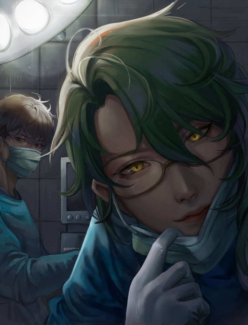 2boys, alternate_costume, baizhu_(genshin_impact), blue_shirt, brown_hair, ears_visible_through_hair, eyebrows, eyelashes