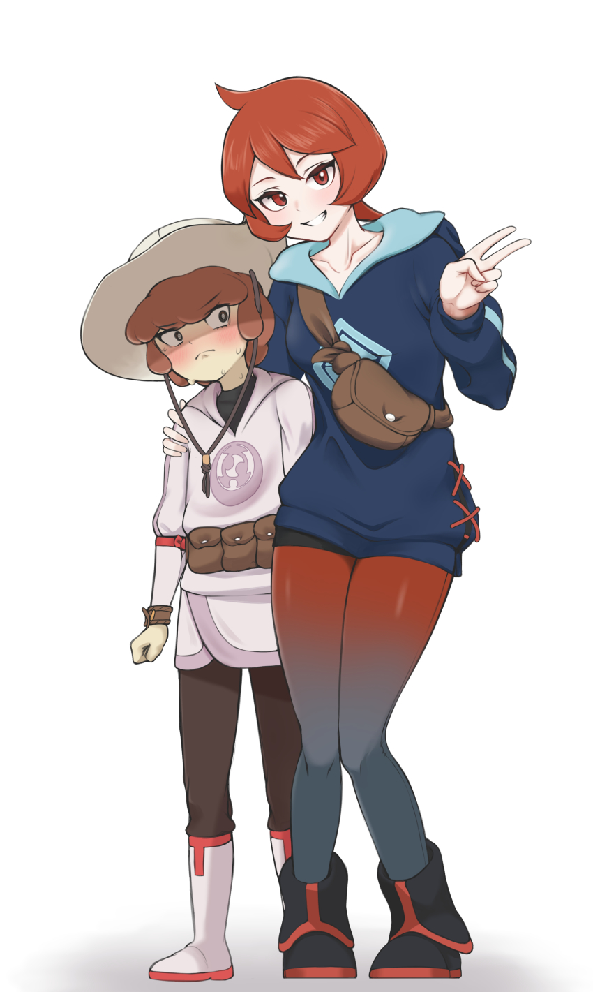 1boy, 1girl, absurdres, arezu_(pokemon), bag, black_footwear, blush, boots, brown_bag, brown_hair, brown_pantyhose, closed_mouth, collarbone, commentary_request, cowlick, gradient_legwear, grin, hand_on_another's_shoulder, hand_up, hat, highres, lian_(pokemon), long_sleeves, mintz912, nintendo, pantyhose, pokemon, pokemon_legends:_arceus, short_hair, skirt, smile, standing, sweat, teeth, v, white_footwear