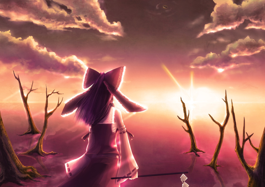 1girl, back, bad_id, bad_pixiv_id, female_focus, gohei, hakurei_reimu, holding