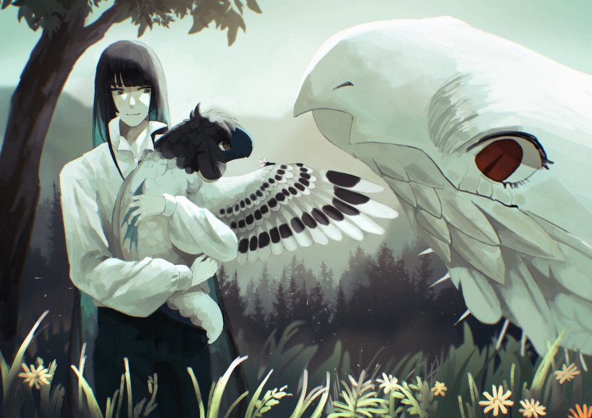 1other, absurdres, animal, beak, bird, brown_feathers, child, creature