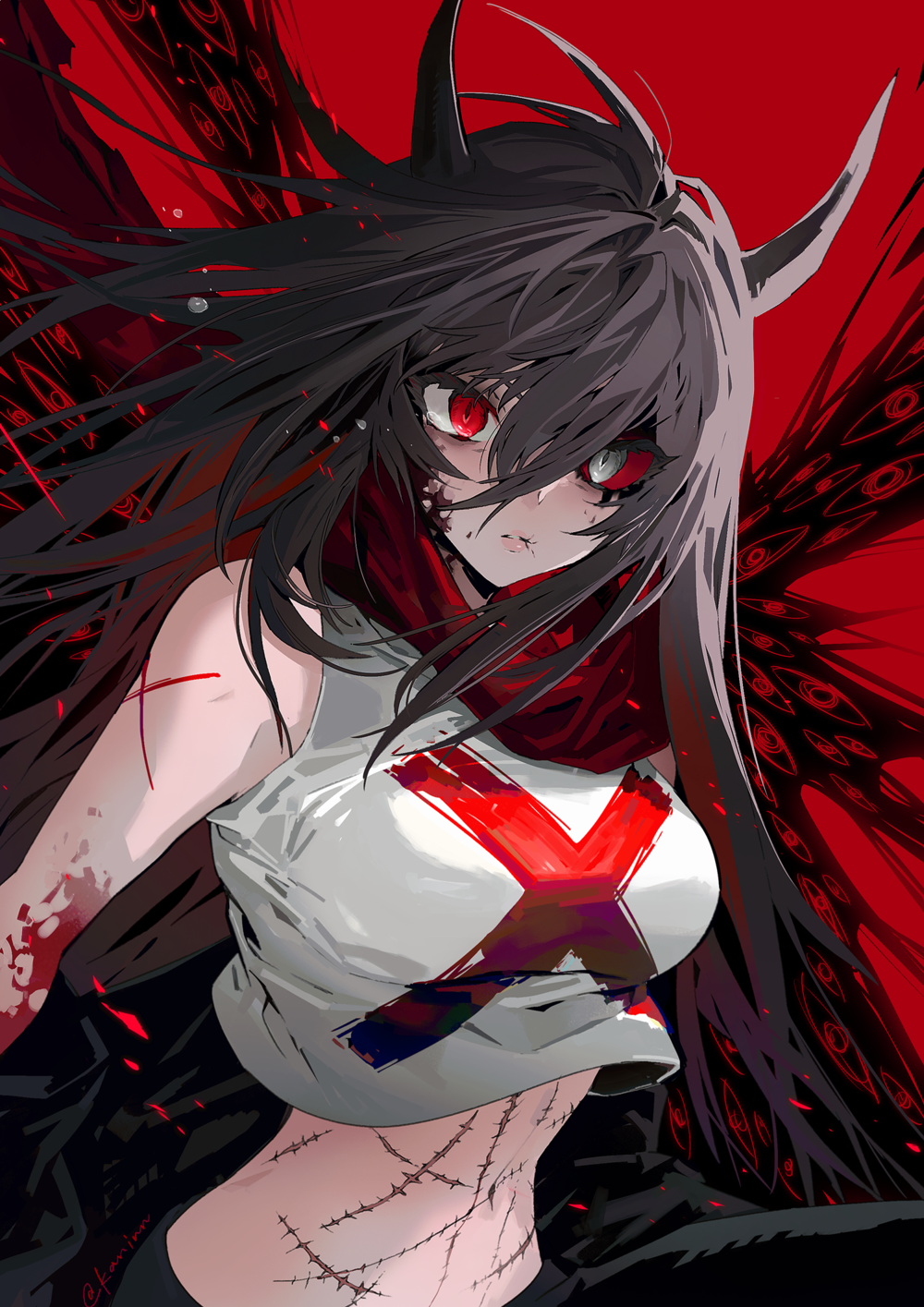 black_hair, breasts, colored_sclera, demon, heterochromia, highres, horns, i'm_the_grim_reaper, long_hair, midriff, multicolored_eyes, multicolored_hair, red_background, red_hair, red_sclera, scar, scar_on_chest, scarlet_(i'm_the_grim_reaper), tank_top, tears, white_tank_top
