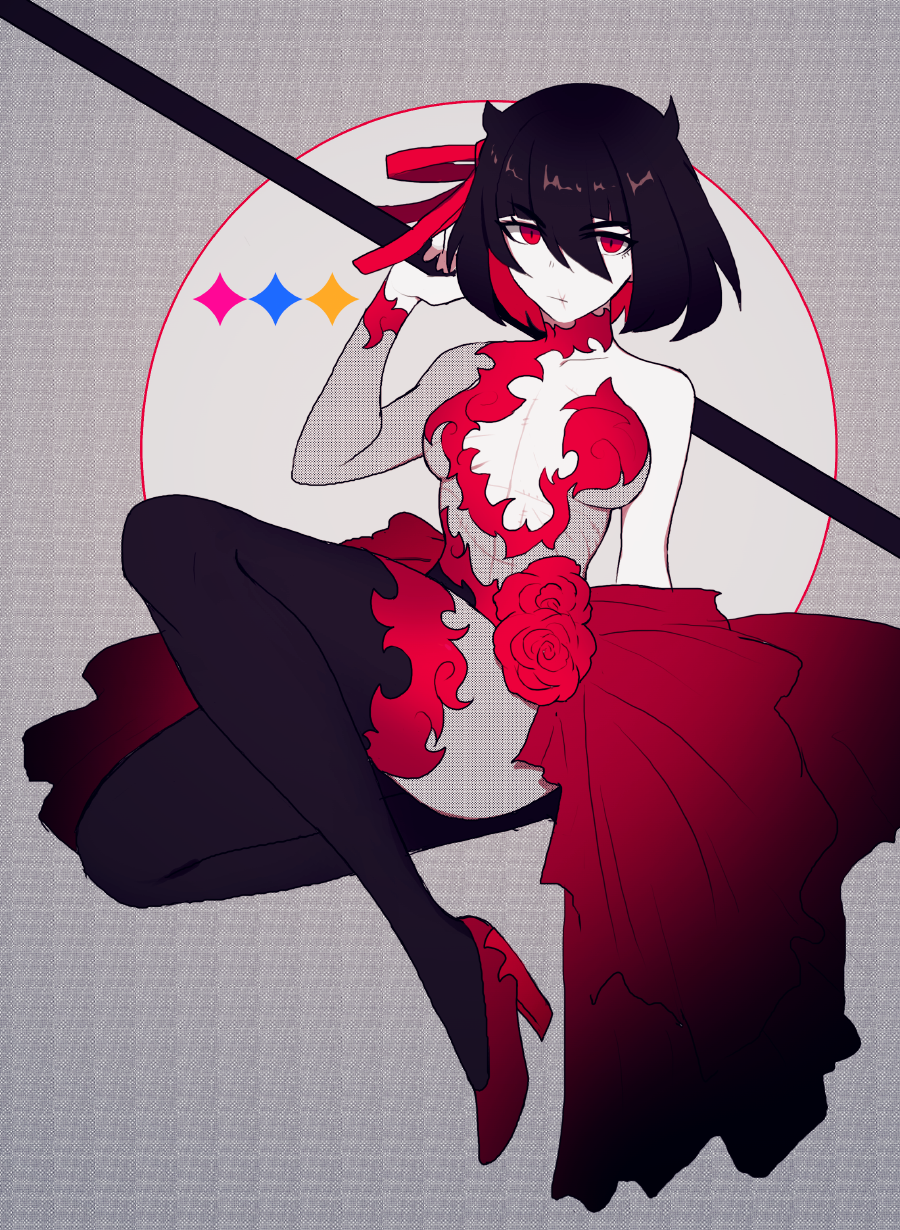 black_hair, dress, fishnets, flower, highres, horns, i'm_the_grim_reaper, multicolored_hair, red_dress, red_eyes, red_footwear, red_hair, ribbon, scar, scar_on_chest, scarlet_(i'm_the_grim_reaper), scythe, short_hair, thighhighs, thighs