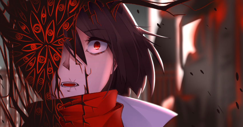 brown_hair, close-up, corruption, demon, facial_scar, i'm_the_grim_reaper, lying, red_eyes