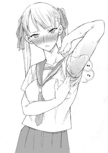 1girl, armpits, blush, female_focus, greyscale, miharu_(artist), miharu_(ttt), monochrome