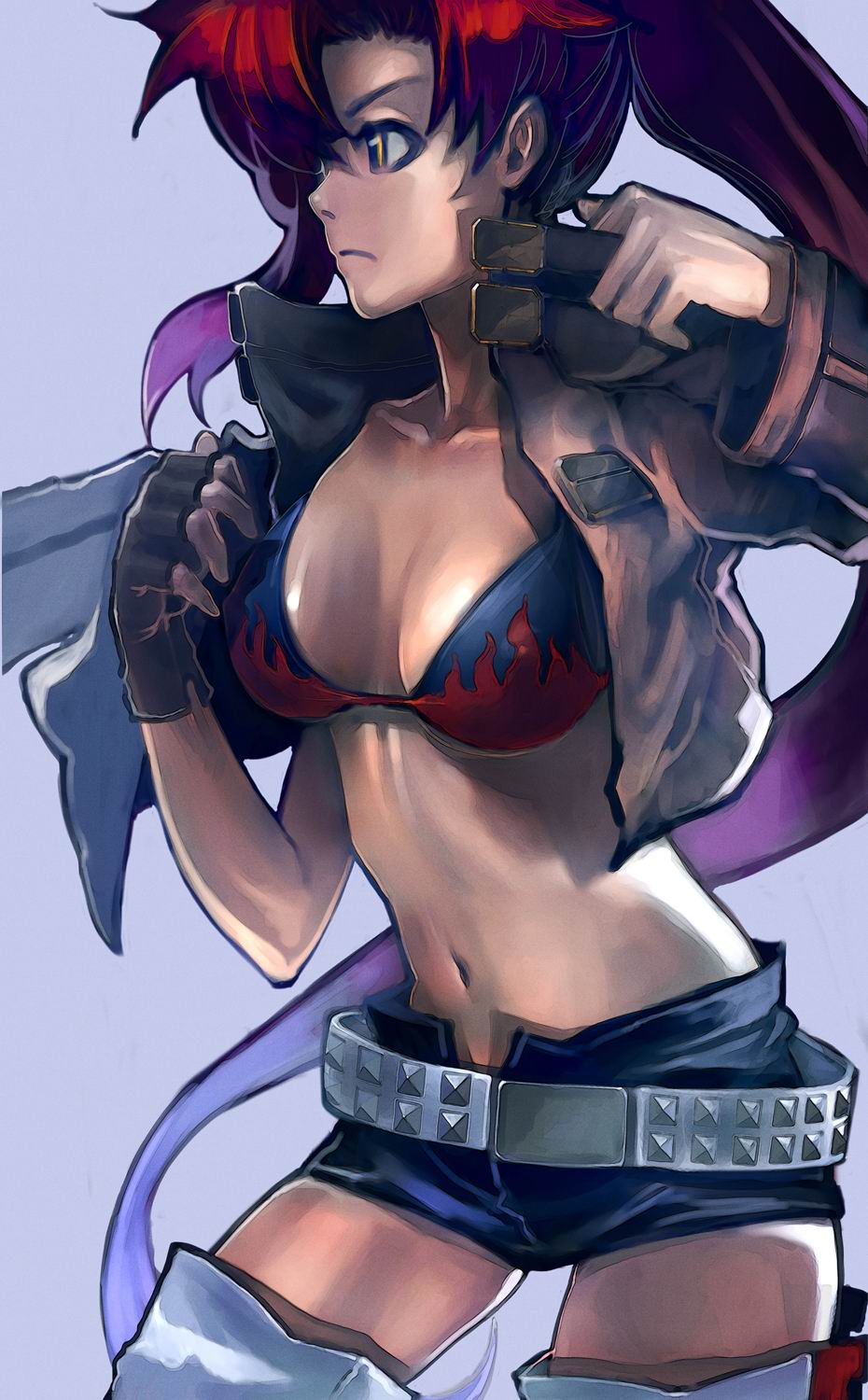 00s, 1girl, belt, bikini, bikini_top_only, breasts, female_focus, fingerless_gloves