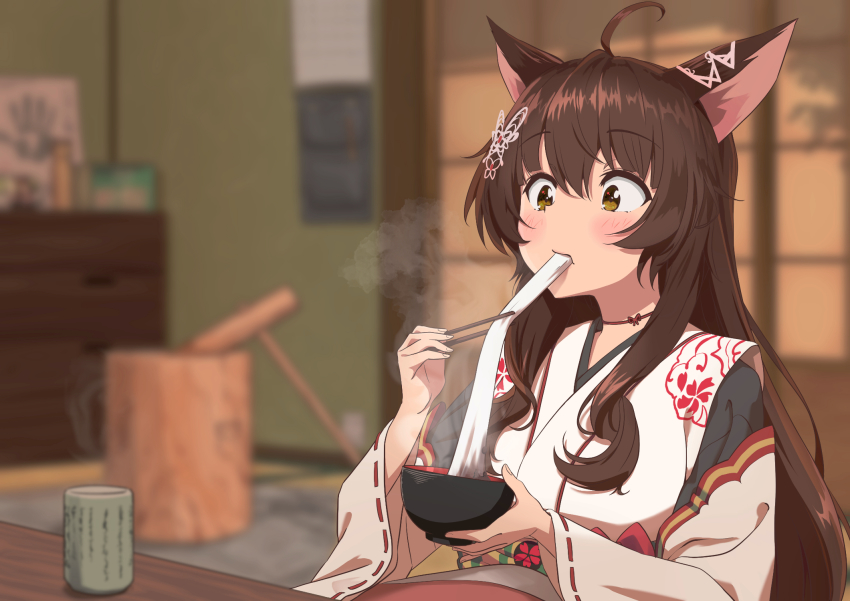 1girl, ahoge, animal_ears, brown_eyes, brown_hair, butterfly_hair_ornament, chopsticks, cup, eating, food, fox_ears, fox_girl, fumi_(nijisanji), hair_between_eyes, hair_ornament, highres, indoors, japanese_clothes, kimono, kine, lace-trimmed_sleeves, lace_trim, long_hair, long_sleeves, mallet, mochi, neck_ribbon, nijisanji, ougimaneki, red_ribbon, ribbon, solo, virtual_youtuber, white_kimono, wide_sleeves, yunomi