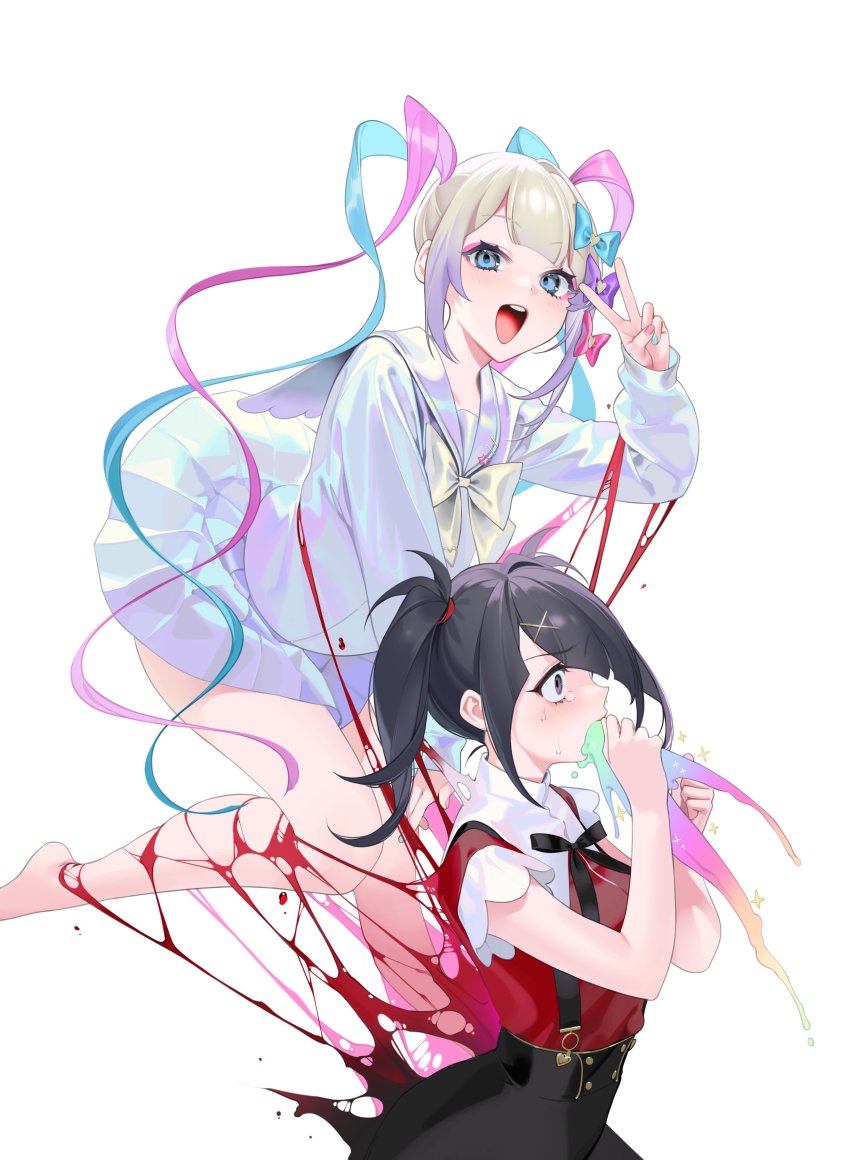 2girls, ;d, absurdres, ame-chan_(needy_girl_overdose), barefoot, black_hair, black_ribbon, blood