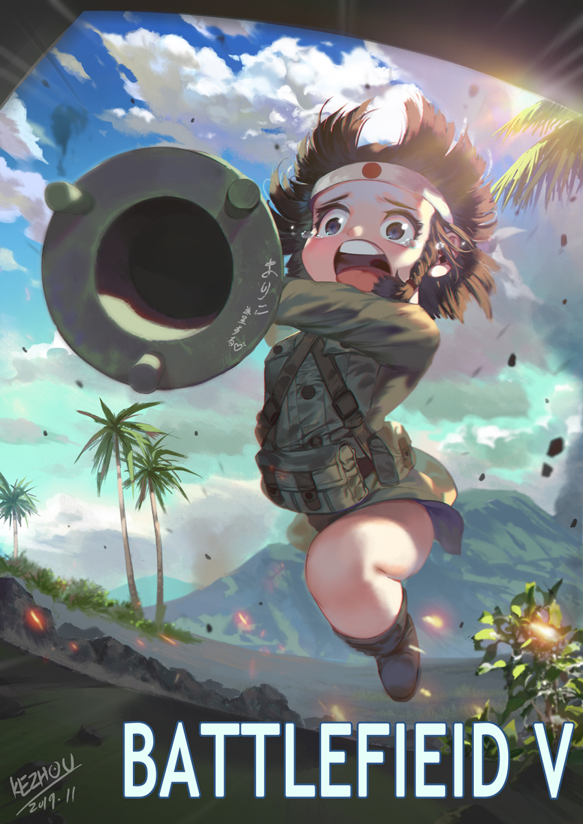 1girl, battlefield_(series), battlefield_v, black_eyes, black_hair, boots, braid, child, cloud, copyright_name, dated, day, full_body, green_jacket, hachimaki, headband, heart, highres, holding, holding_weapon, imperial_japanese_army, jacket, jumping, kezhou, long_sleeves, lunge_mine, medium_hair, military_jacket, mountain, no_pants, open_mouth, outdoors, palm_tree, pouch, round_teeth, short_hair, shouting, side_braid, signature, sky, solo, tears, teeth, translation_request, tree, typo, weapon