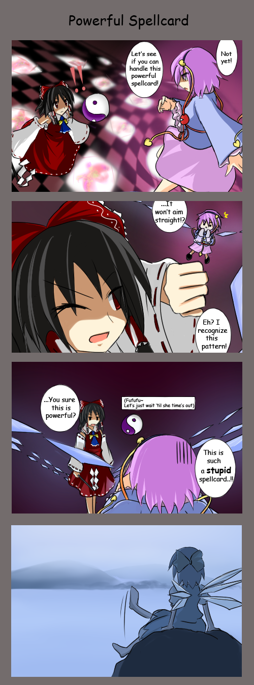 3girls, 4koma, battle, cirno, comic, danmaku, english_text, failure, gameplay_mechanics, hakurei_reimu, highres, icicle_fall, komeiji_satori, multiple_girls, ofuda, on_rock, rexlent, rock, sitting, touhou, yin_yang