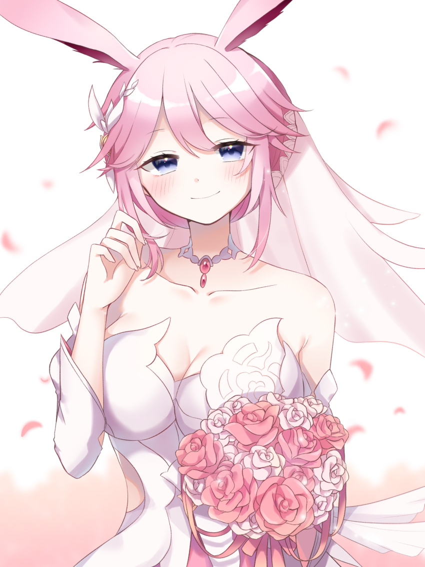 1girl, animal_ears, blush, bouquet, breasts, bride, cleavage, closed_mouth