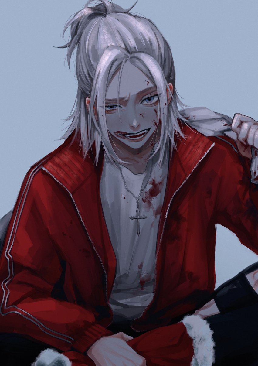 1boy, bishounen, blood, blood_on_clothes, blood_on_face, blood_on_hands, blue_background, blue_eyes