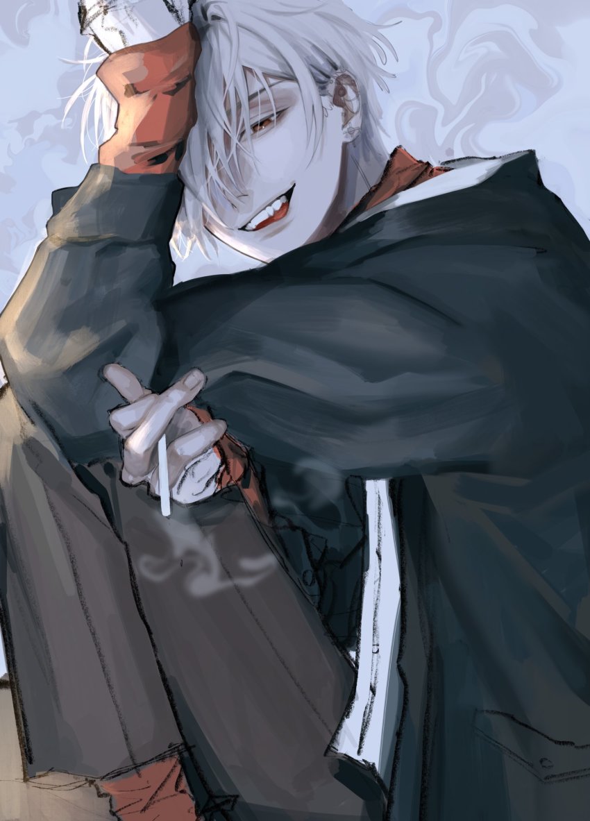 1boy, bishounen, black_jacket, brown_eyes, cigarette, hair_over_one_eye, half-closed_eyes, head_rest