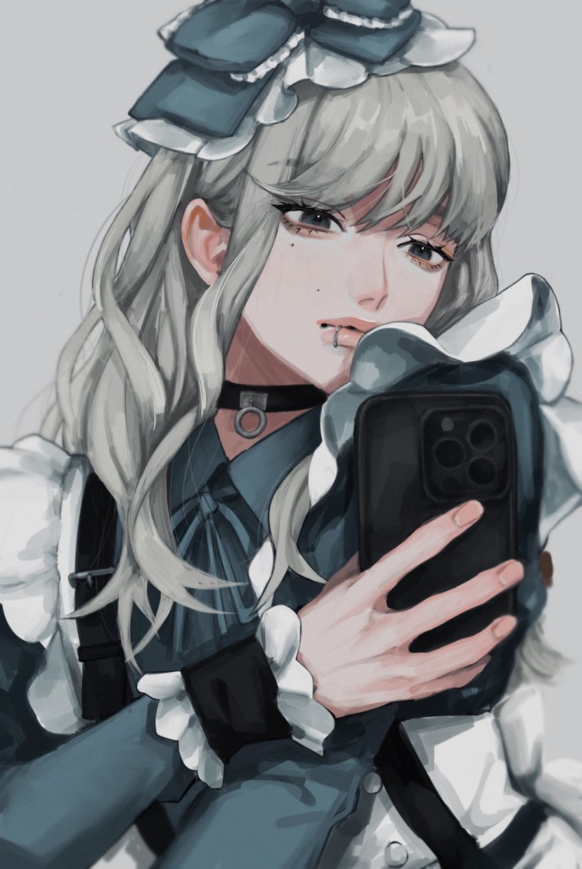 1boy, black_choker, blue_eyes, blue_headwear, blue_ribbon, cellphone, choker, closed_mouth