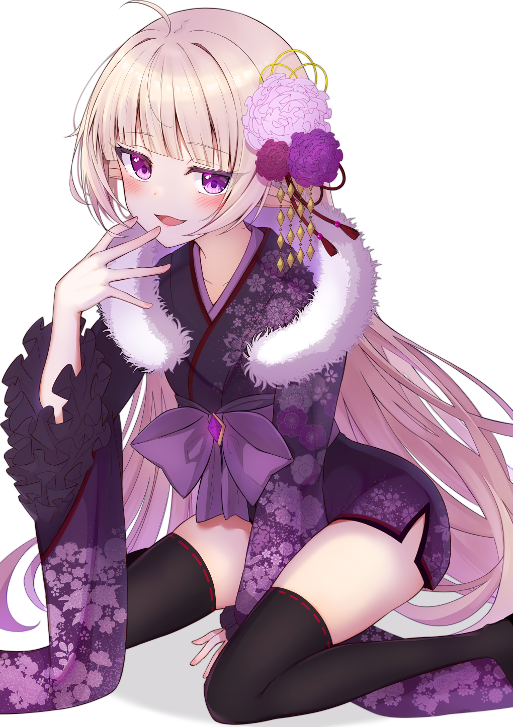 1boy, ahoge, alternate_costume, black_thighhighs, blonde_hair, blunt_bangs, blush, collarbone