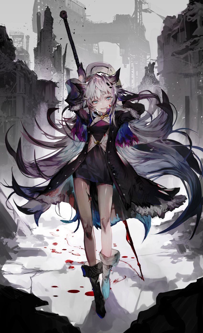 1girl, :d, absurdres, animal_ears, arknights, arms_up, bare_legs, black_boots, black_coat, black_dress, black_hair, blood, blood_on_face, bloody_weapon, blue_eyes, boots, breasts, coat, dress, full_body, fur-trimmed_sleeves, fur_trim, gradient_hair, highres, holding, holding_sword, holding_weapon, kkuekkue_(chifer1958), knee_boots, lappland_(arknights), lappland_(refined_horrormare)_(arknights), long_hair, long_sleeves, looking_at_viewer, material_growth, multicolored_hair, official_alternate_costume, open_clothes, open_coat, open_mouth, oripathy_lesion_(arknights), outdoors, parted_lips, ruins, scar, scar_across_eye, scar_on_face, sharp_teeth, shoe_print, short_dress, silver_hair, small_breasts, smile, solo, sword, teeth, very_long_hair, walking, weapon, wolf_ears
