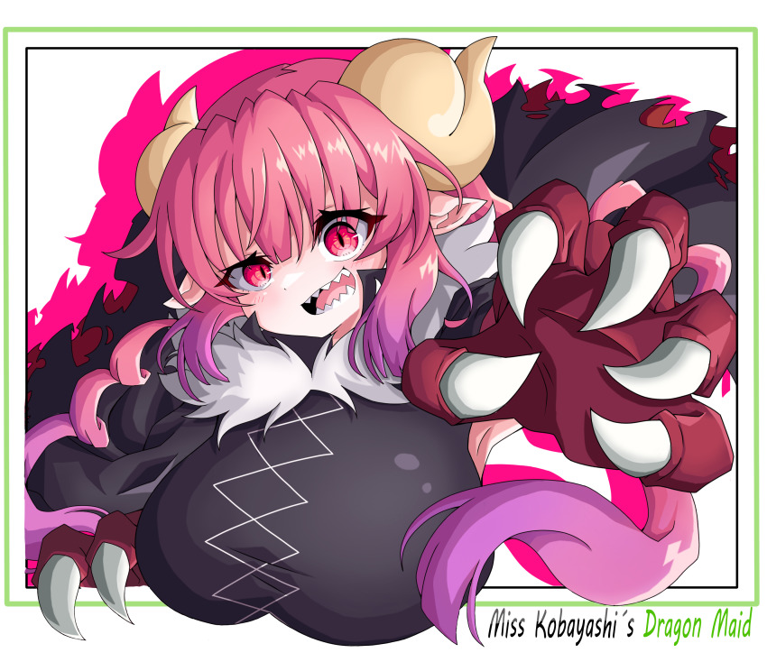 1girl, absurdres, breasts, copyright_name, dragon_claw, dragon_girl, dragon_horns, haronin_fukke