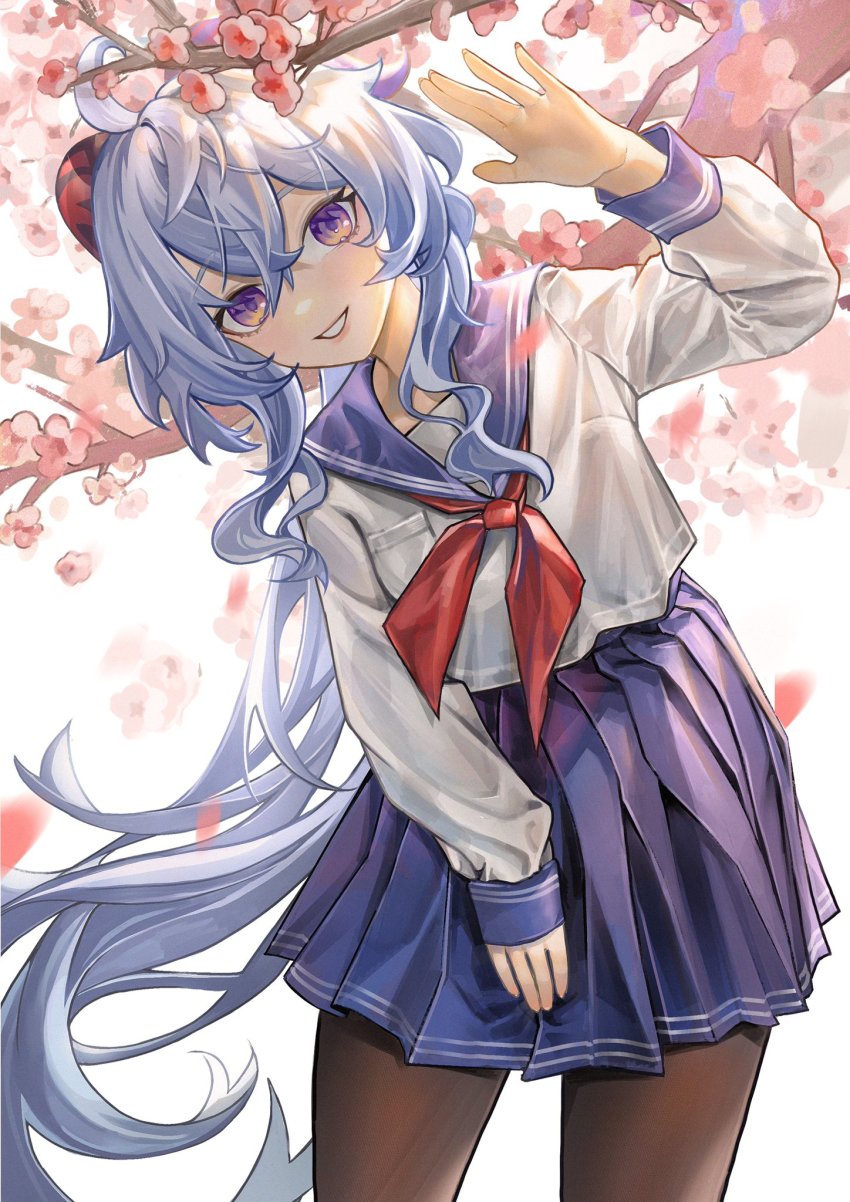 ahoge, arrrrrry1, black_pantyhose, blue_hair, blue_skirt, bow, flower, ganyu_(genshin_impact)