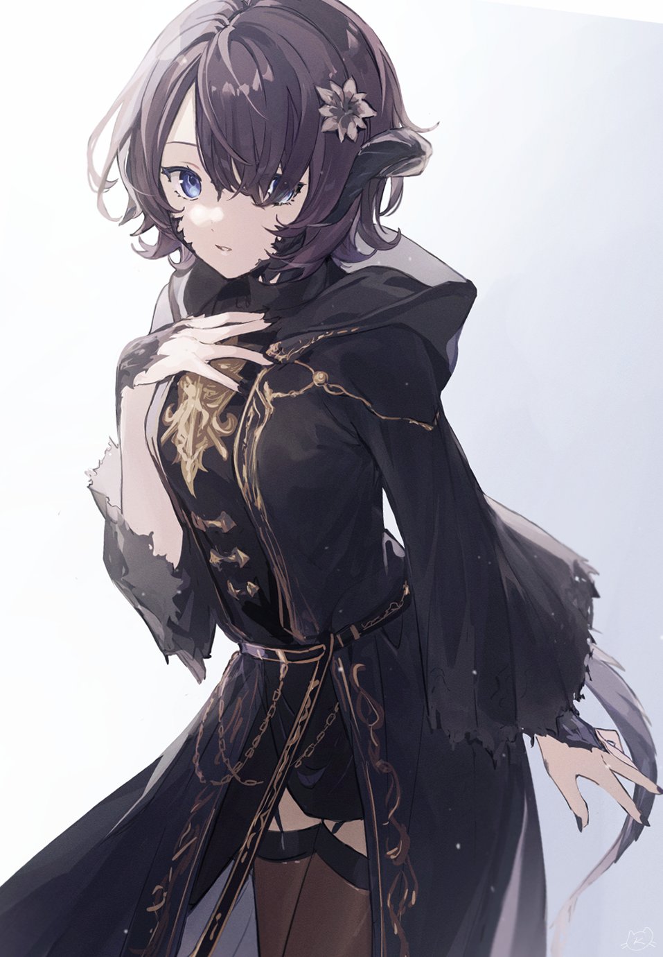 1girl, au_ra, warrior_of_light_(ff14), belt, black_coat, black_hair, black_nails, black_shirt, black_thighhighs, blue_eyes, coat, cowboy_shot, dragon_horns, dragon_tail, final_fantasy, final_fantasy_xiv, flower, garter_straps, gradient_background, hair_flower, hair_ornament, hand_on_own_chest, highres, hkina7, hood, hood_down, hooded_coat, horns, looking_at_viewer, nail_polish, open_clothes, open_coat, parted_lips, scales, shirt, short_hair, solo, swept_bangs, tail, thighhighs, turtleneck, white_background