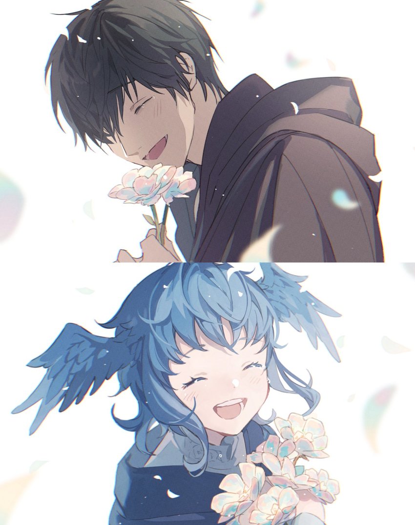 1boy, 1girl, black_hair, black_robe, blue_hair, closed_eyes, commentary, elpis_flower