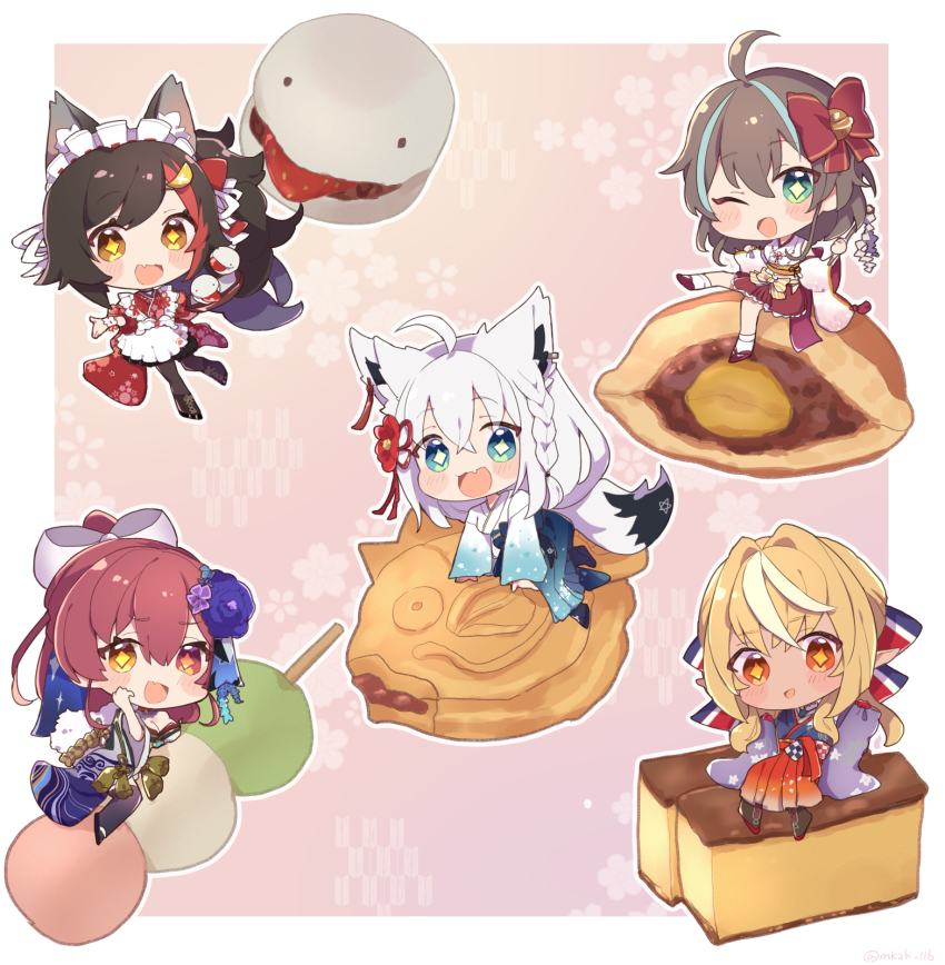 5girls, ahoge, animal_ear_fluff, animal_ears, black_hair, blonde_hair, blush, border