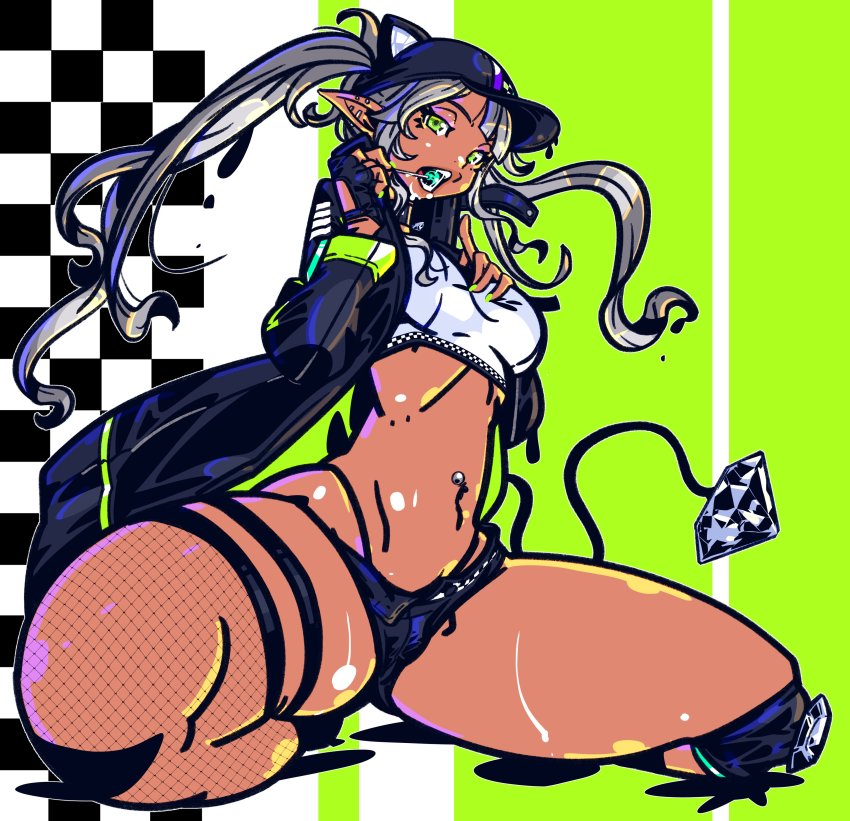 1girl, absurdres, baseball_cap, becky_kurosawa, black_hat, black_shorts, candy, commentary, commission, dark-skinned_female, dark_skin, english_commentary, fishnet_thighhighs, fishnets, food, food_in_mouth, green_eyes, hair_behind_ear, hat, head_tilt, highres, holding, holding_candy, holding_food, holding_lollipop, in_mouth, indie_virtual_youtuber, knee_pads, kneeling, lollipop, lollipop_in_mouth, long_pointy_ears, midriff, navel, navel_piercing, piercing, pointy_ears, rolan-ce, saliva, second-party_source, short_shorts, shorts, silver_hair, single_thighhigh, skeb_commission, skindentation, solo, thigh_strap, thighhighs, twintails, virtual_youtuber