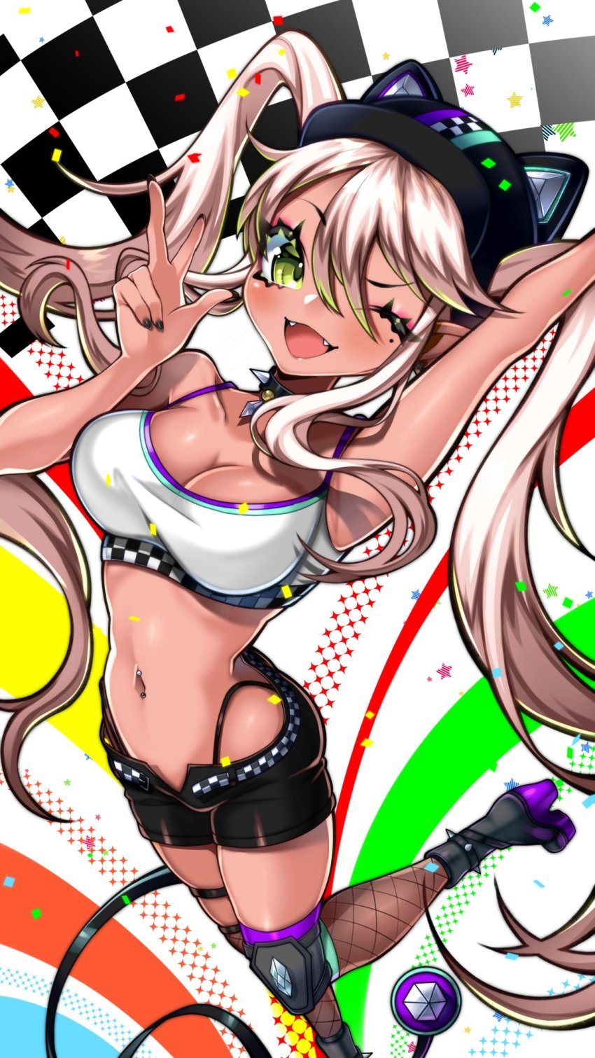 1girl, becky_kurosawa, black_boots, black_nails, black_shorts, blonde_hair, boots, breasts