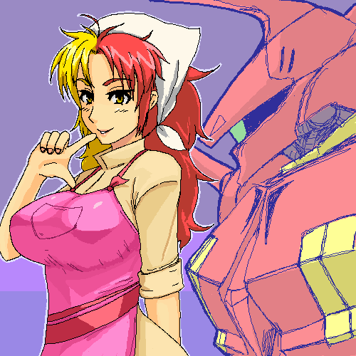 1girl, 69_(tranquilo), apron, bad_id, bad_pixiv_id, bandana, bawoo, breasts, chara_soon, female_focus, gundam, gundam_zz, large_breasts, lipstick, lowres, makeup, mecha, multicolored_hair, oekaki, r-jarja, robot, solo, split-color_hair, two-tone_hair, yellow_eyes