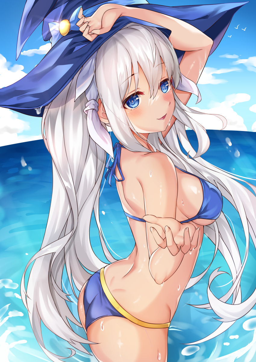 1girl, absurdres, arm_up, ass, bikini, bird, blue_bikini, blue_eyes