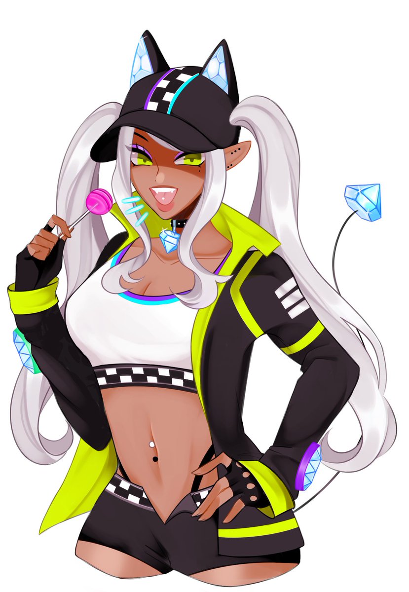 1girl, animal_ear_headwear, becky_kurosawa, black_gloves, black_jacket, black_shorts, breasts, candy