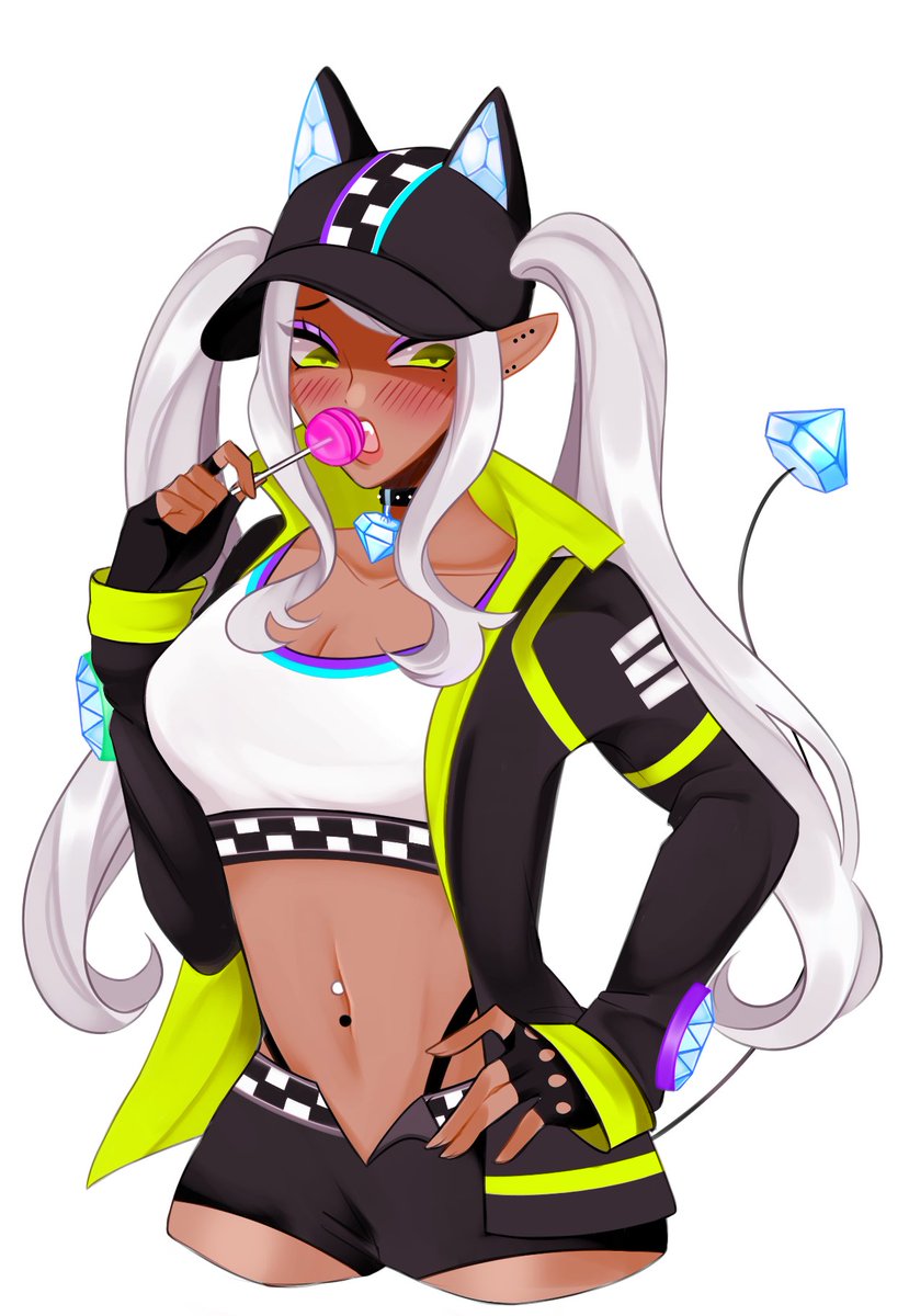 1girl, animal_ear_headwear, becky_kurosawa, black_gloves, black_jacket, black_shorts, blush, breasts