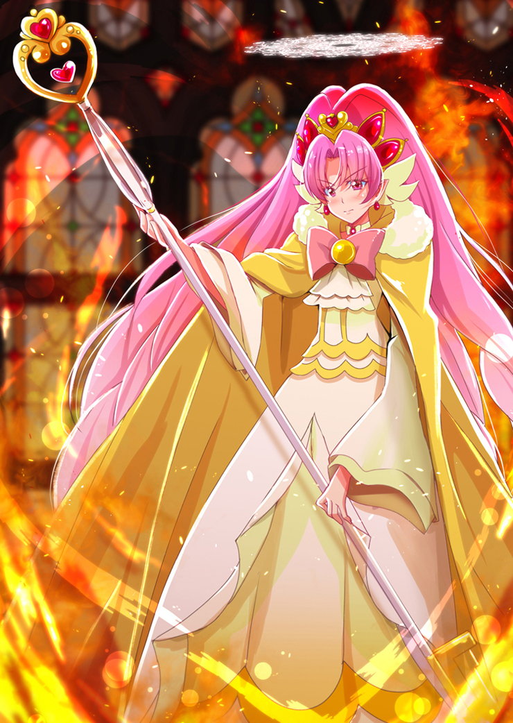 1girl, akagi_towa, bow, brooch, cape, choker, closed_mouth, cure_scarlet, cure_scarlet_(grand_princess), dress, fire, full_body, go!_princess_precure, hair_ornament, heart_wand, holding, holding_staff, jewelry, long_hair, looking_at_viewer, magical_girl, mitumi_mira, parted_bangs, pink_hair, precure, red_bow, red_eyes, serious, solo, staff, stained_glass, standing, yellow_cape, yellow_choker, yellow_dress