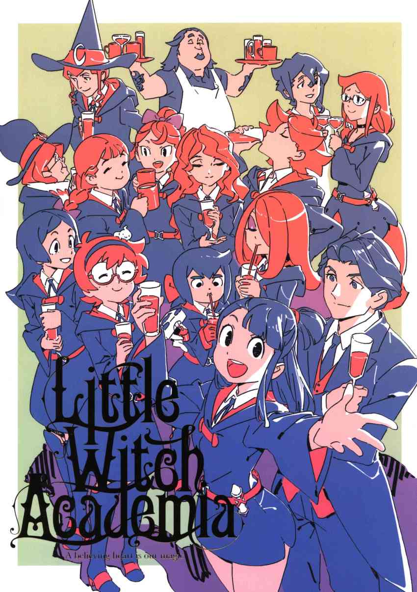 2boys, absurdres, amanda_o'neill, andrew_hanbridge, anne_finneran, artbook, barbara_parker, braid, closed_eyes, constanze_amalie_von_braunschbank-albrechtsberger, croix_meridies, cup, diana_cavendish, drinking_glass, drinking_straw, glass, glasses, hannah_england, highres, holding, holding_cup, jasminka_antonenko, kagari_atsuko, little_witch_academia, logo, long_hair, looking_at_another, looking_at_viewer, lotte_jansson, luna_nova_school_uniform, minimalism, miranda_holbrooke, mug, multiple_boys, multiple_girls, official_art, ponytail, proprietor_(little_witch_academia), ribbon, school_uniform, semi-rimless_eyewear, short_hair, short_ponytail, simple_background, smile, sucy_manbavaran, tattoo, toasting_(gesture), tray, tuxedo, twin_braids, under-rim_eyewear, ursula_callistis, yoshinari_you