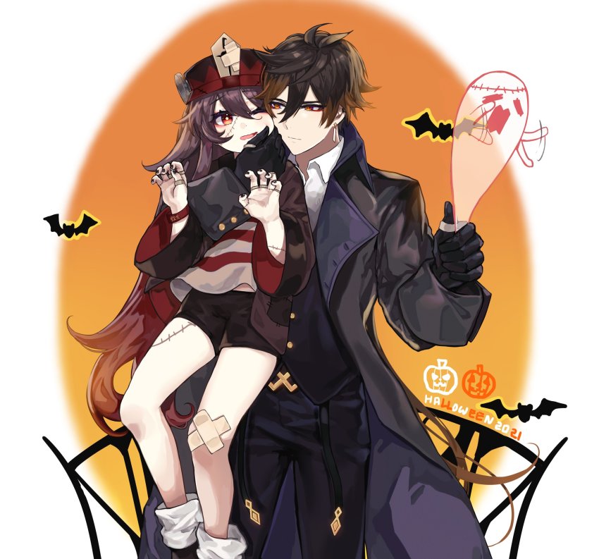 1boy, 1girl, :|, alternate_costume, bandaged_knees, bat_(animal), black_gloves, black_hair, black_headwear, black_nails, black_shorts, brown_hair, closed_mouth, coat, collared_coat, collared_shirt, colored_tips, commentary, cosplay, cowboy_shot, earrings, english_commentary, eyeliner, eyeshadow, face-to-face, flailing, flower-shaped_pupils, formal_clothes, frankenstein's_monster, frankenstein's_monster_costume, genshin_impact, ghost, ghost_pose, gloves, gradient_hair, hair_between_eyes, halloween, halloween_bucket, hands_up, hat, hat_ornament, highres, hu_tao_(genshin_impact), hu_tao_(halloween)_(genshin_impact), hug, jacket, jewelry, lifting_person, long_hair, long_sleeves, makeup, multicolored_hair, multiple_rings, nail_polish, one_eye_closed, open_mouth, pants, pinching, porkpie_hat, red_eyes, red_eyeshadow, ring, shadow, shirt, shorts, sidelocks, single_earring, socks, sp0i0ppp, star-shaped_pupils, star_(symbol), striped_clothes, striped_shirt, suit, symbol-shaped_pupils, tassel, tassel_earrings, thumb_ring, twintails, very_long_hair, victor_frankenstein, victor_frankenstein_(cosplay), white_legwear, yellow_eyes, zhongli_(genshin_impact)