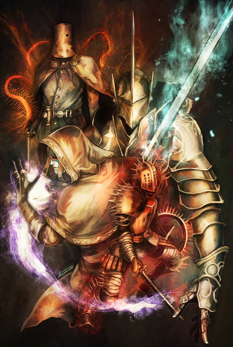 armor, armored_boots, bag_on_head, black_gloves, bloodborne, boots, breastplate, brown_cape