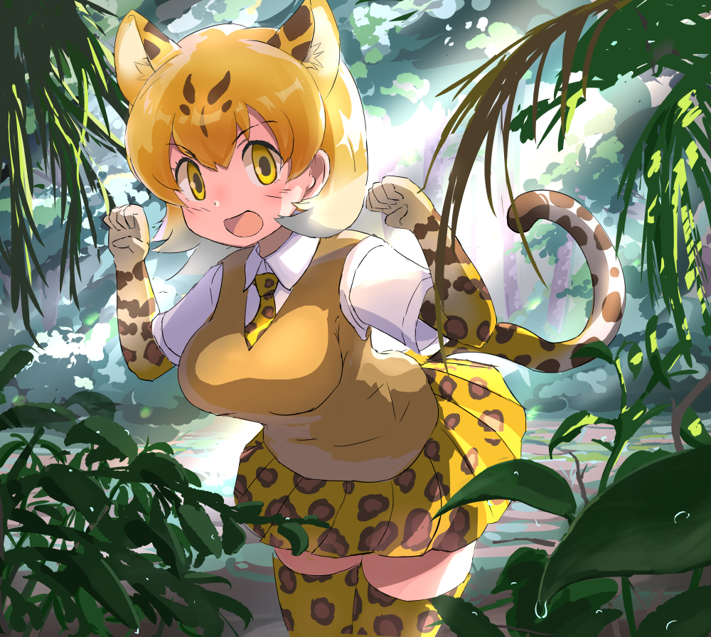 >:d, 1girl, animal_ears, animal_print, blonde_hair, blush, breasts, brown_vest