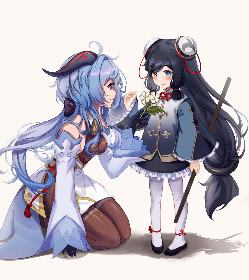 2girls, aged_down, ahoge, arm_up, bare_shoulders, bell, black_gloves, blue_eyes, blue_hair, blush, bodice, bodysuit, breasts, brown_bodysuit, brown_legwear, chinese_clothes, chinese_knot, commentary, cowbell, dark_blue_hair, double_bun, english_commentary, flats, flower, flustered, frilled_sleeves, frills, full_body, ganyu_(genshin_impact), genshin_impact, giving, gloves, goat_horns, hair_bun, highres, holding, holding_flower, holding_stick, holding_weapon, horns, kneeling, large_breasts, long_hair, low-tied_long_hair, mihan_(mihan_art), multiple_girls, neck_bell, pantyhose, qingxin_flower, red_horns, red_rope, rope, seiza, shenhe_(genshin_impact), shenhe_(young)_(genshin_impact), sidelocks, simple_background, sitting, smile, standing, stick, thighband_pantyhose, very_long_hair, weapon, white_background, white_legwear, wide_sleeves
