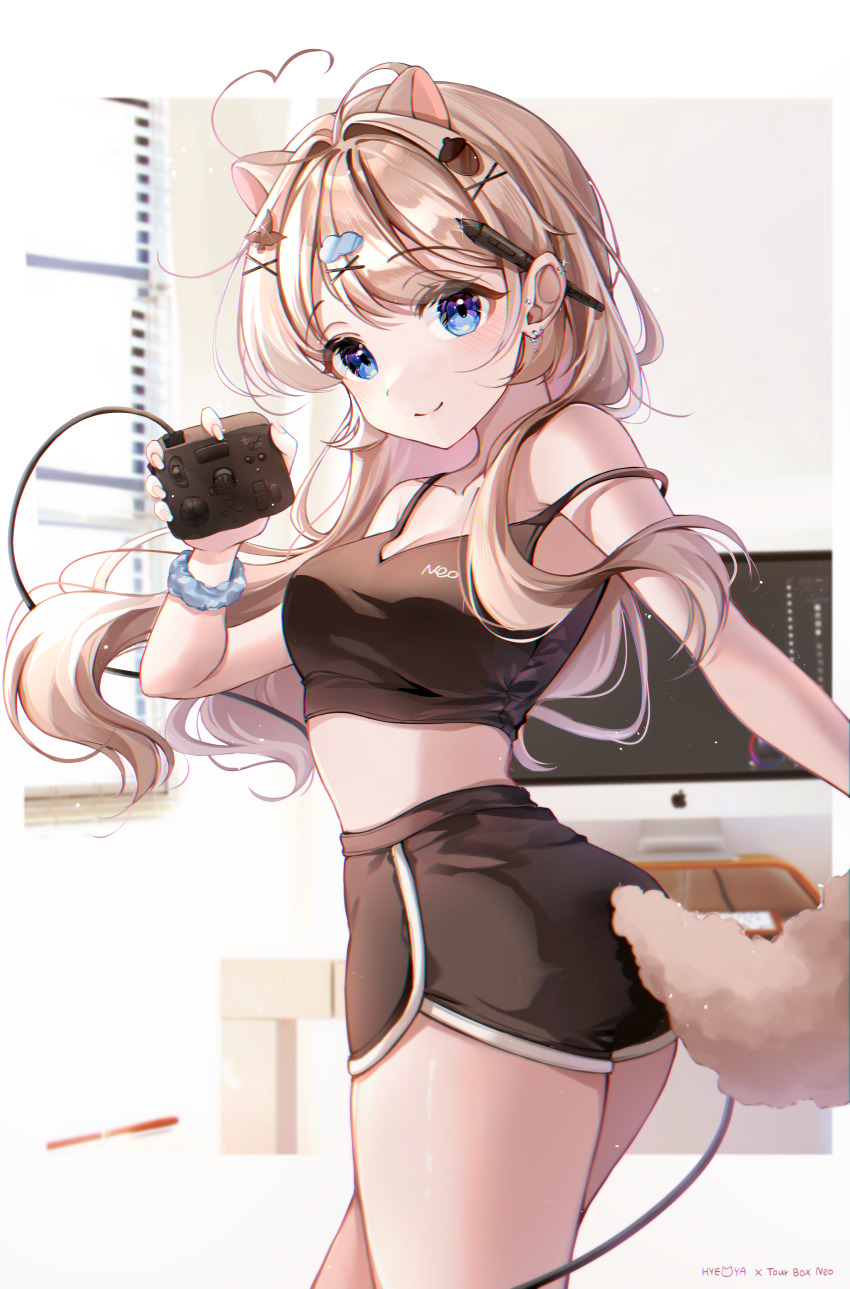 1girl, absurdres, ahoge, animal_ears, apple_inc., ass, black_shorts, blue_eyes, blush, breasts, brown_hair, cleavage, closed_mouth, cloud_hair_ornament, commentary, cowboy_shot, crop_top, ear_piercing, extra_ears, hair_ornament, heart, heart_ahoge, high-waist_shorts, highres, holding, hyeya, indoors, long_hair, looking_at_viewer, medium_breasts, midriff, monitor, nut_hair_ornament, original, pencil, pencil_behind_ear, piercing, scrunchie, short_shorts, shorts, smile, solo, standing, strap_slip, tail, tourbox, wrist_scrunchie, x_hair_ornament