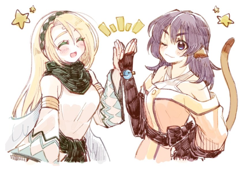 2girls, aged_down, ainu_clothes, angel_wings, animal_ears, aquaplus, bare_shoulders, black_sash