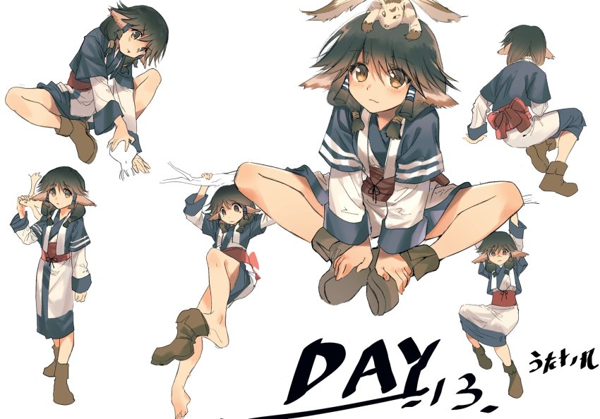 1girl, ainu_clothes, animal, animal_ears, aquaplus, aruruu, bare_legs, barefoot