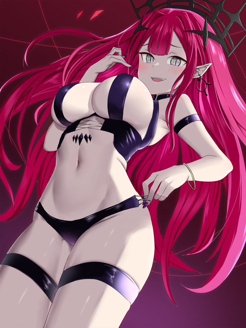 1girl, bare_shoulders, black_panties, blush, bracelet, breasts, bridal_gauntlets, detached_sleeves