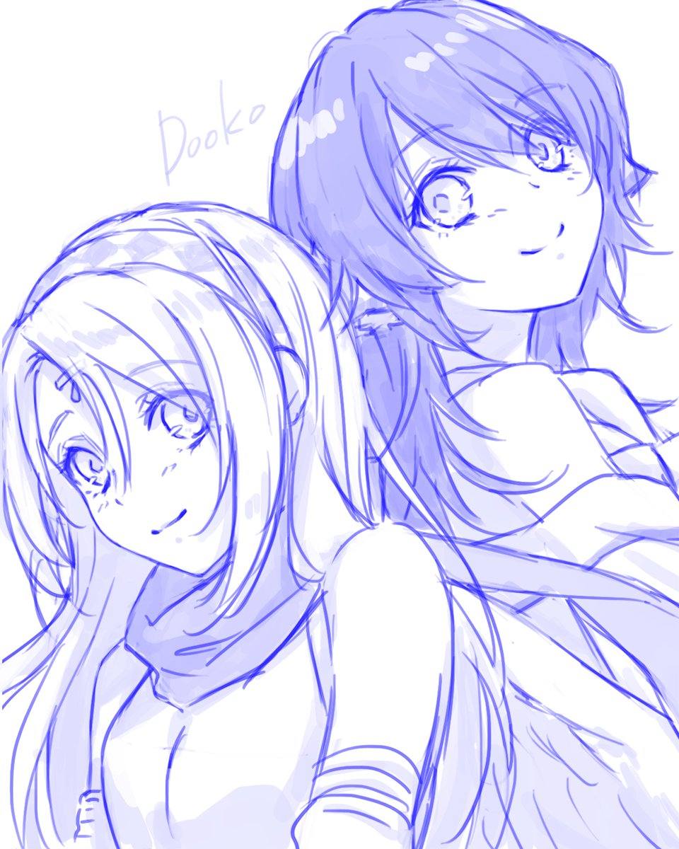 2girls, aged_down, angel_wings, bare_shoulders, blue_theme, blush, breasts, closed_mouth