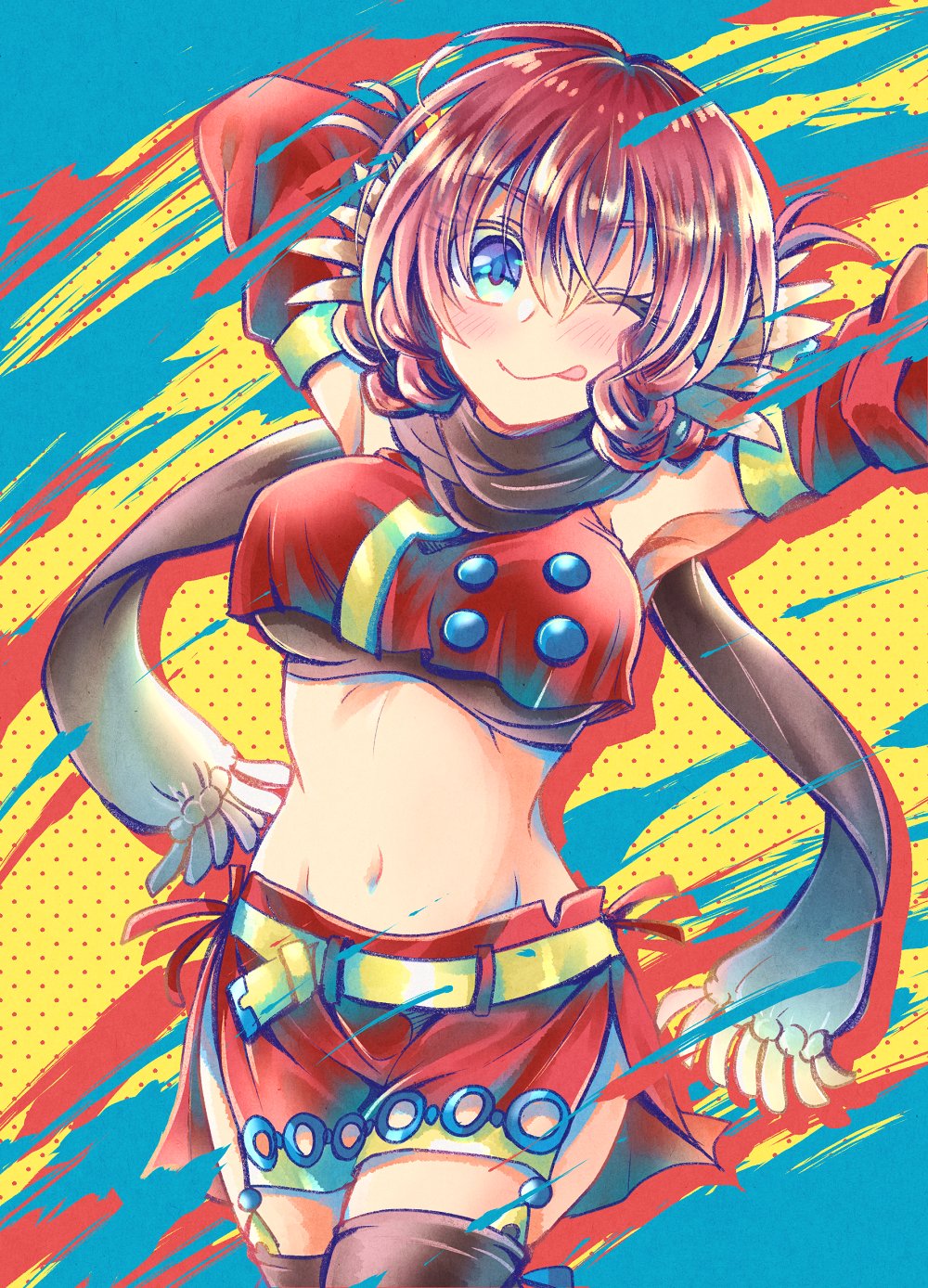 1girl, ainu_clothes, animal_ears, aquaplus, arms_up, black_scarf, blue_eyes, blush, braid, breasts, buttons, cowboy_shot, crop_top, eyelashes, hair_between_eyes, hasu_hiko, highres, large_breasts, licking_lips, looking_at_viewer, nosuri, one_eye_closed, red_hair, scarf, sidelocks, skirt, sleeveless, solo, standing, thighhighs, thighs, toned, toned_female, tongue, tongue_out, utawarerumono, utawarerumono:_itsuwari_no_kamen, utawarerumono:_lost_flag