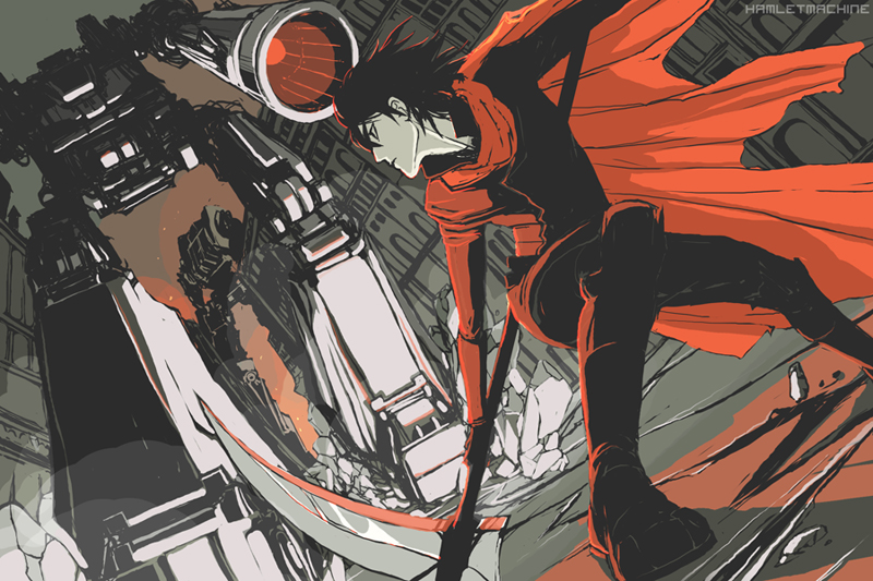 1boy, battle, black_theme, cain, cannon, city, hamletmachine, male_focus