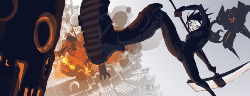 1boy, angry, city, explosion, hamletmachine, male_focus, original, perspective