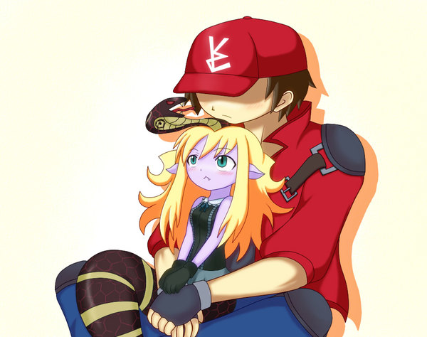 1boy, 1girl, blonde_hair, brown_hair, colored_skin, duel_monster, fang, fingerless_gloves