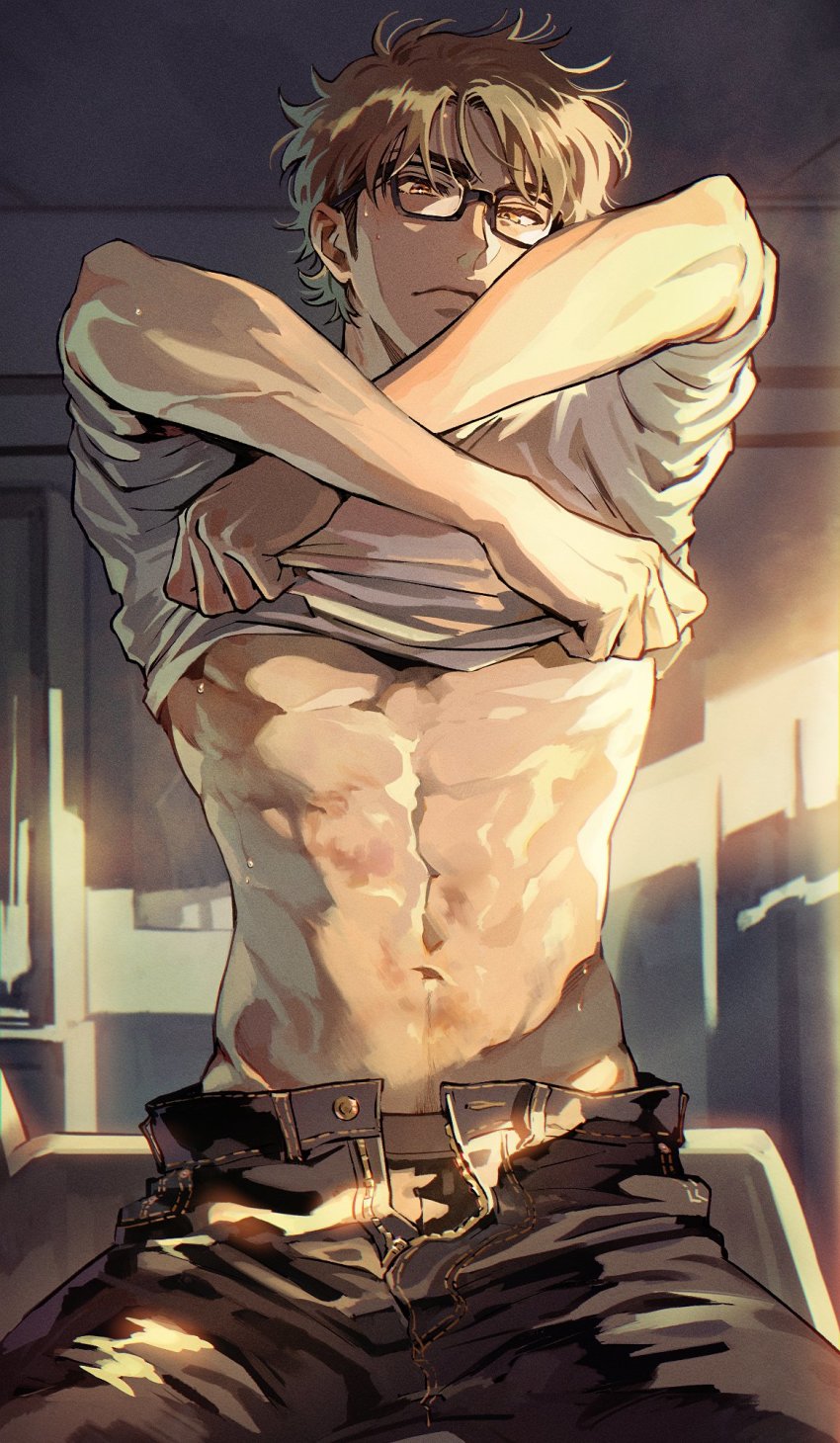 1boy, abs, ace_of_diamond, black_male_underwear, black_pants, brown_eyes, brown_hair, closed_mouth