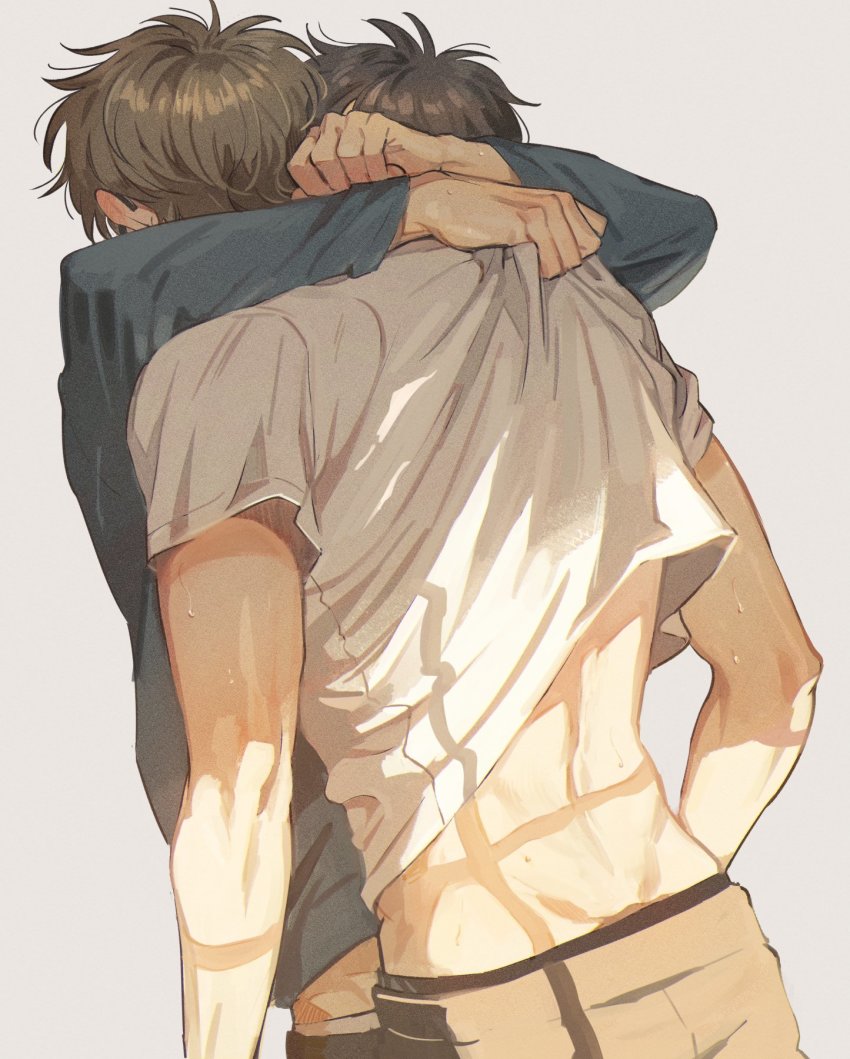 2boys, ace_of_diamond, arms_around_neck, back, black_male_underwear, blue_shirt, brown_hair, brown_pants
