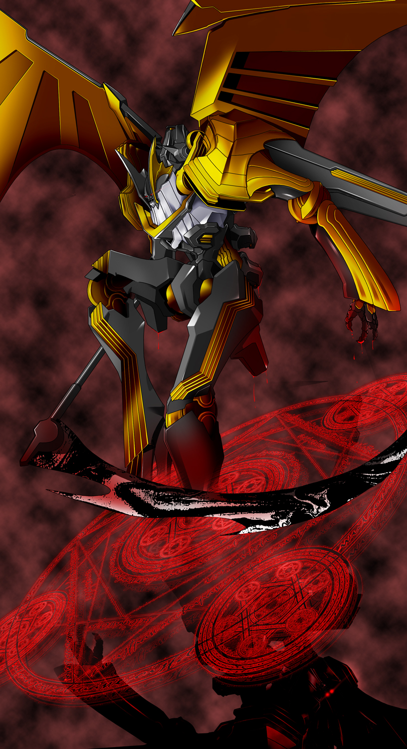 banpresto, blood, chouzetsu_yarou, dis_astranagant, glowing, highres, magic_circle, mecha