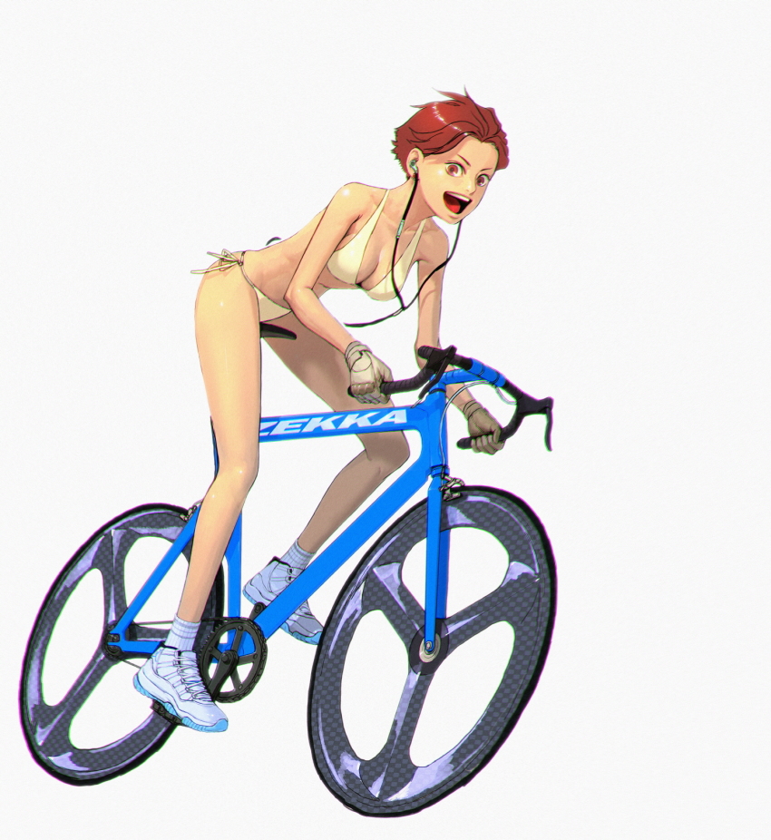 1girl, air_jordan, air_jordan_11, bicycle, bikini, breasts, brown_eyes, brown_hair